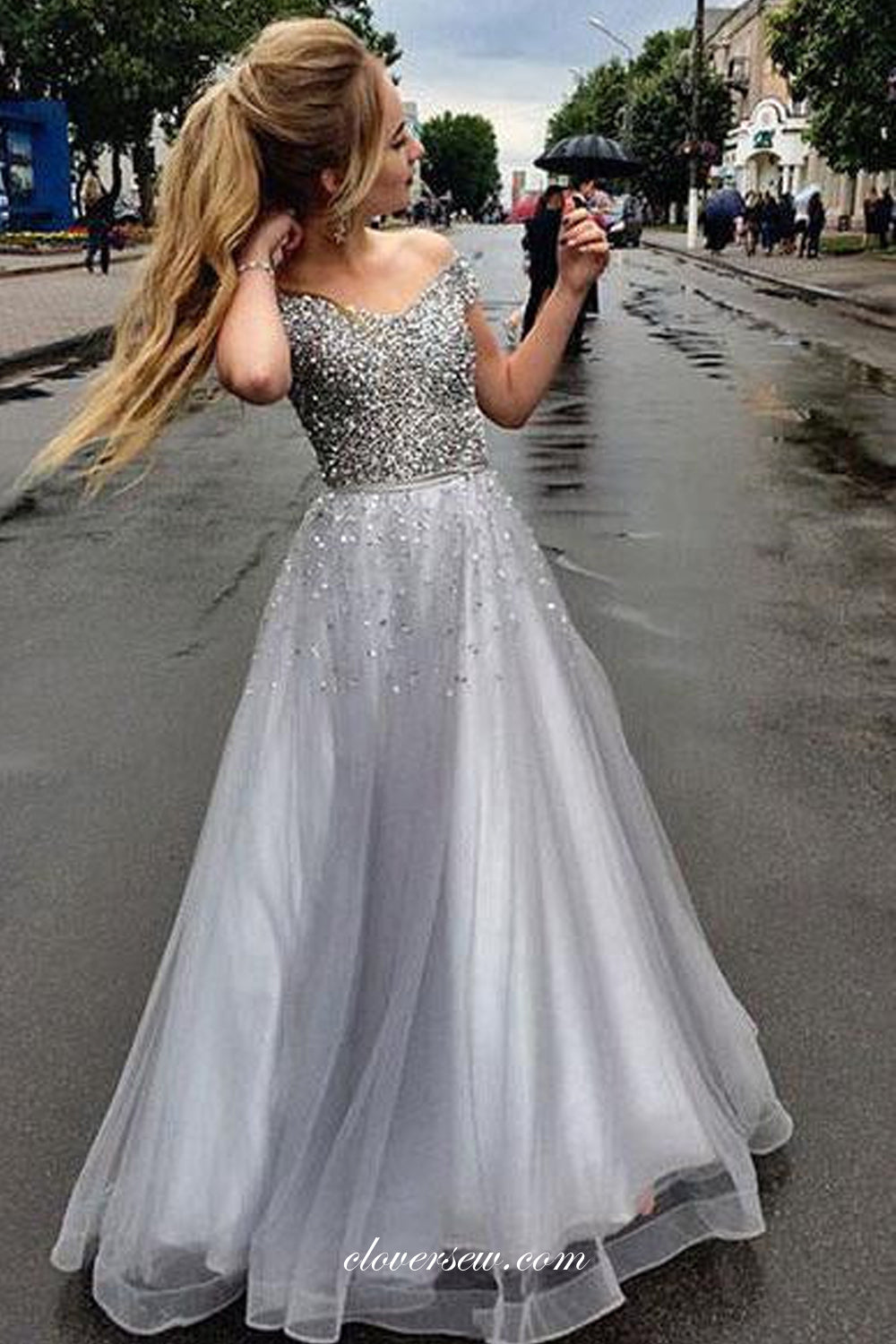 Sliver Bead Sequin Off The Shoulder Grey Tulle Prom Dresses, CP0830