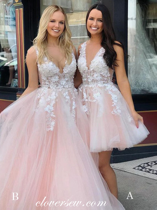 Soft Pink Applique Tulle V-neck Sleeveless A-line Prom Dresses, CP0545