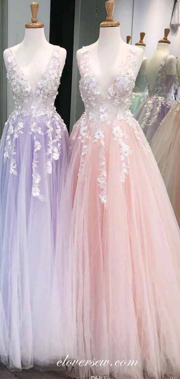 Soft Pink Applique Tulle V-neck Sleeveless A-line Prom Dresses, CP0545