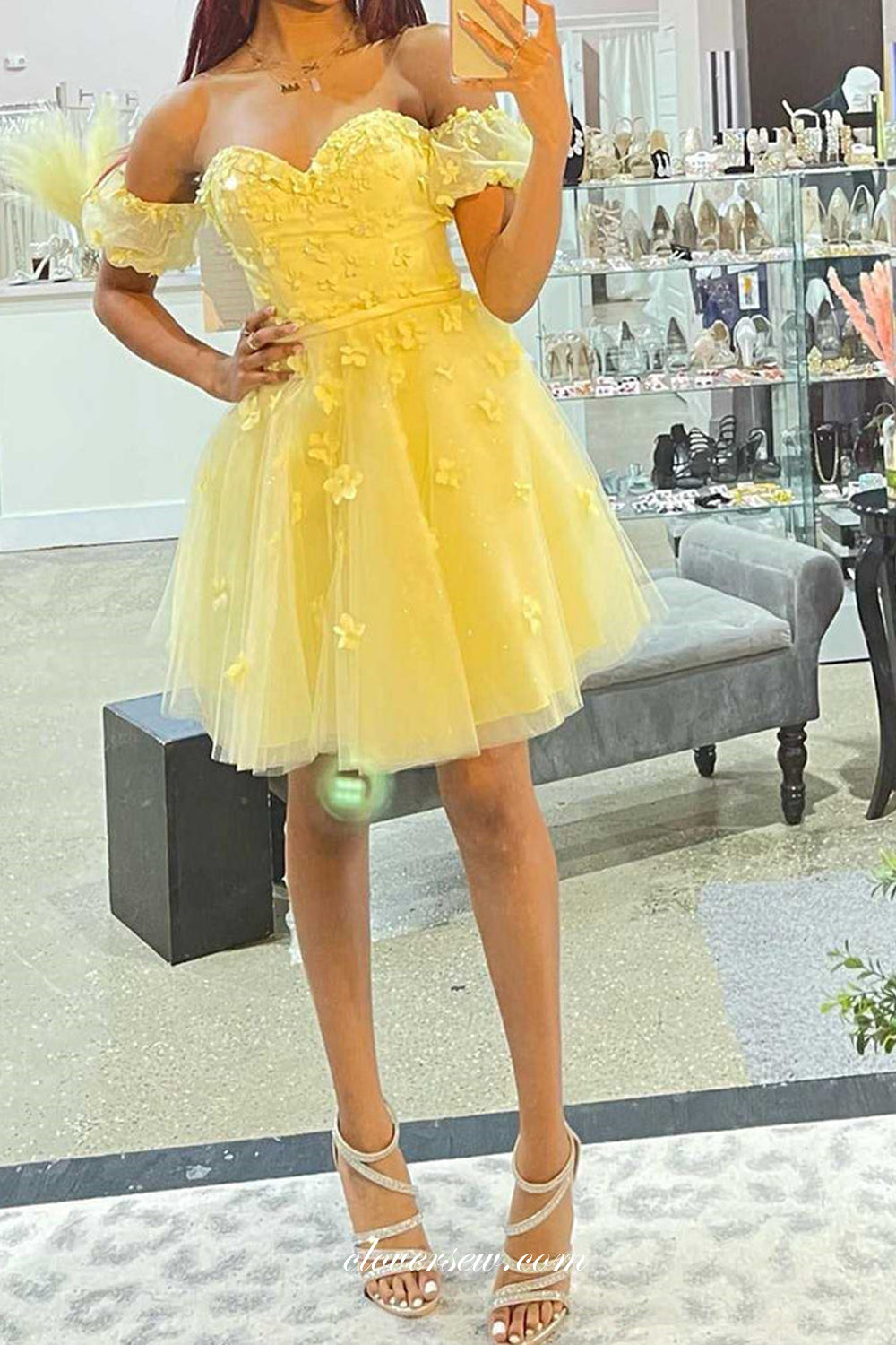 Soft Yellow 3D Handmade Flowers Off The Shoulder Short Birthday Party Dresses, CH0053