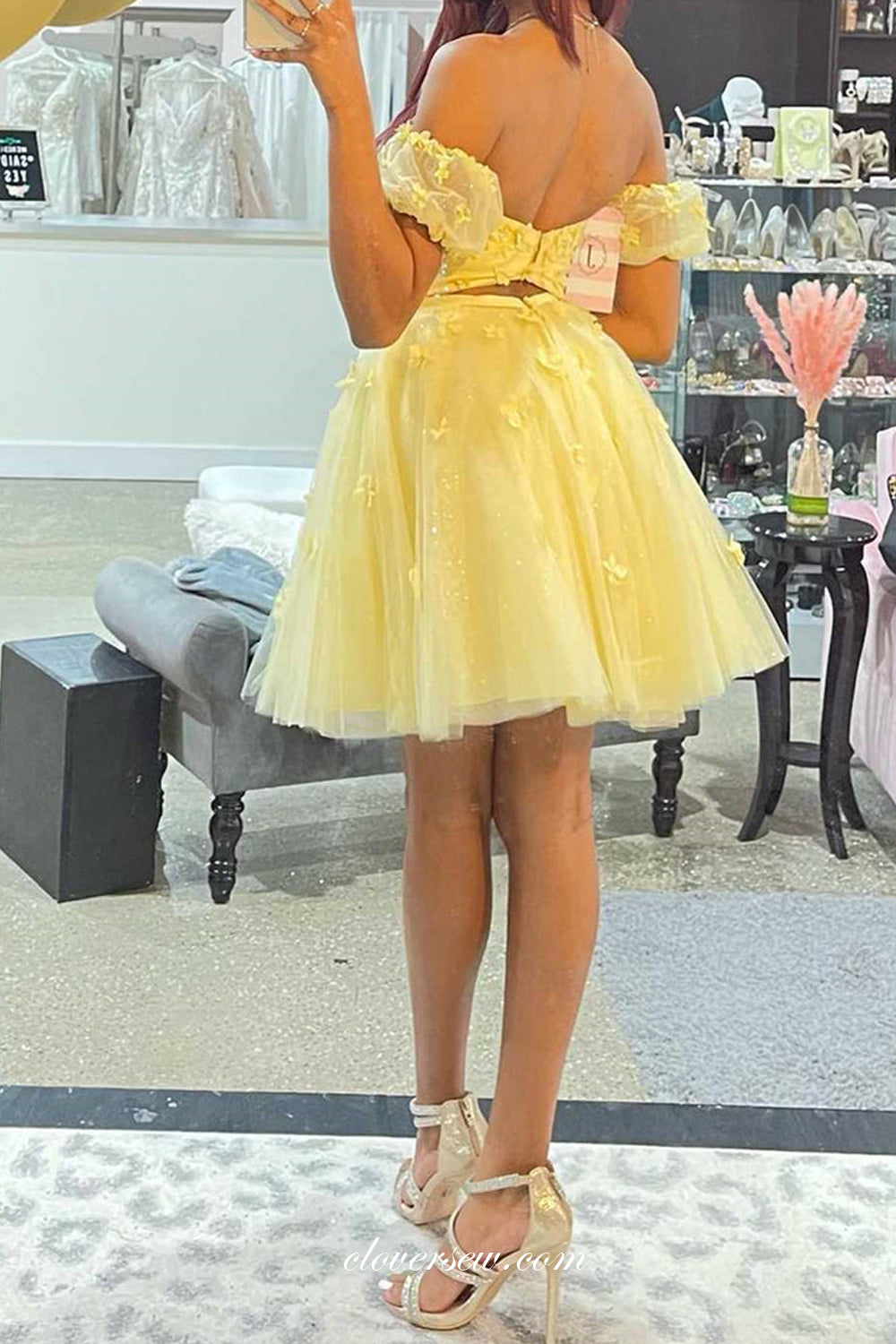 Soft Yellow 3D Handmade Flowers Off The Shoulder Short Birthday Party Dresses, CH0053