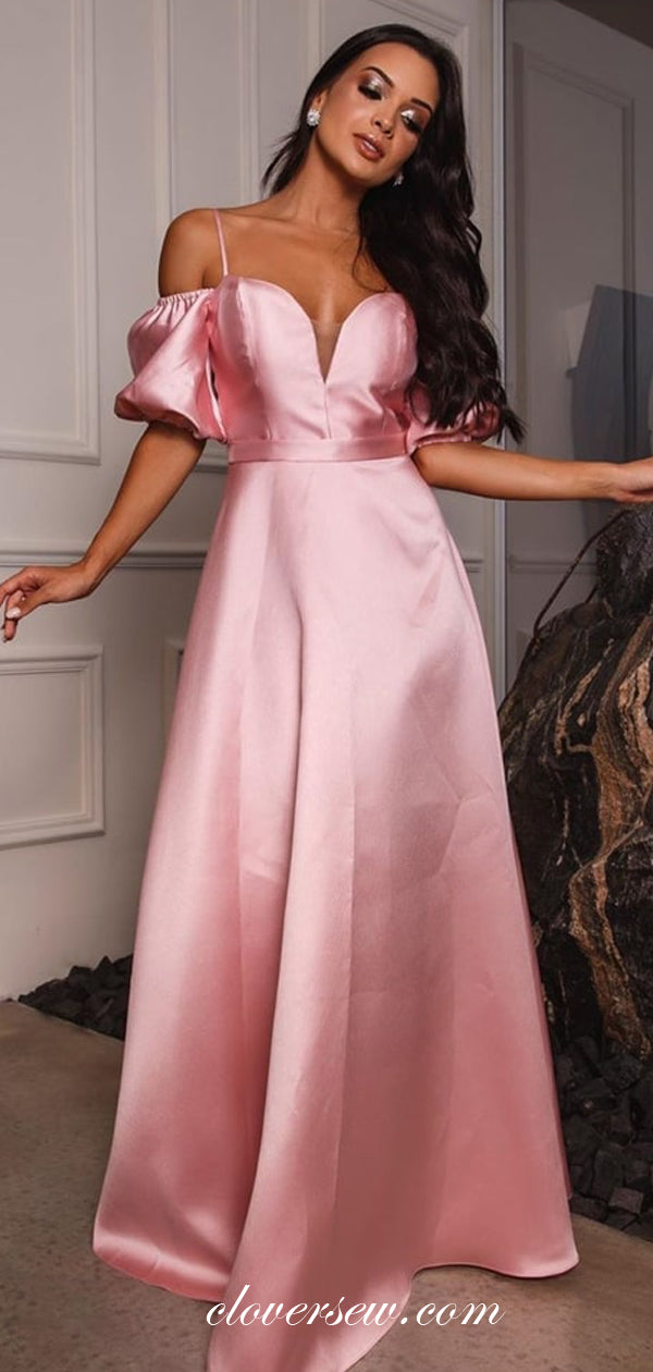 Soft Pink Satin Off The Shoulder Lantern Sleeves A-line Prom Dresses,CP0319