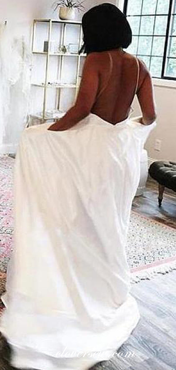 Spaghetti Starp V-neck A-line Satin Backless Wedding Dresses,CW0123
