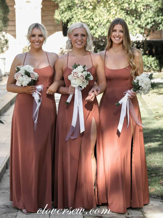 Spaghetti Strap Backless A-line Side Slit Bridesmaid Dresses,CB0134