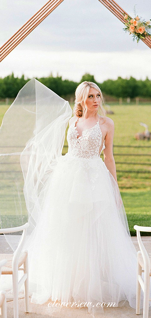 Spaghetti Strap Lace Applique Country Wedding Dresses, CW0215