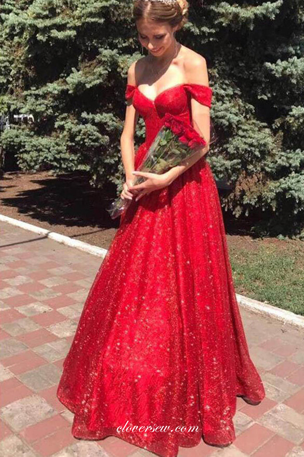 Sparkly Red Glitter Tulle Off The Shoulder A-line Prom Dresses, CP0821