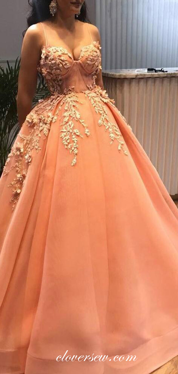 Stunning 3D Applique Peach Sweetheart Spaghetti Strap Ball Gown Prom Dresses, CP0553