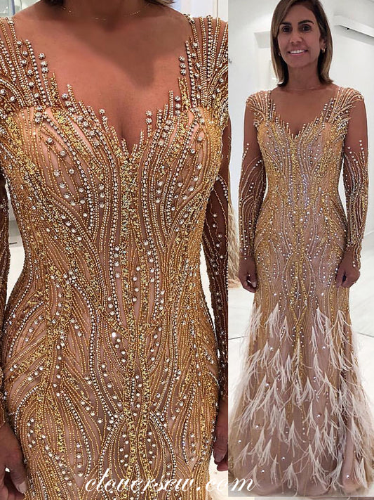 Stunning Bead Feather Long Sleeves Mermaid Formal Dresses, CP0615