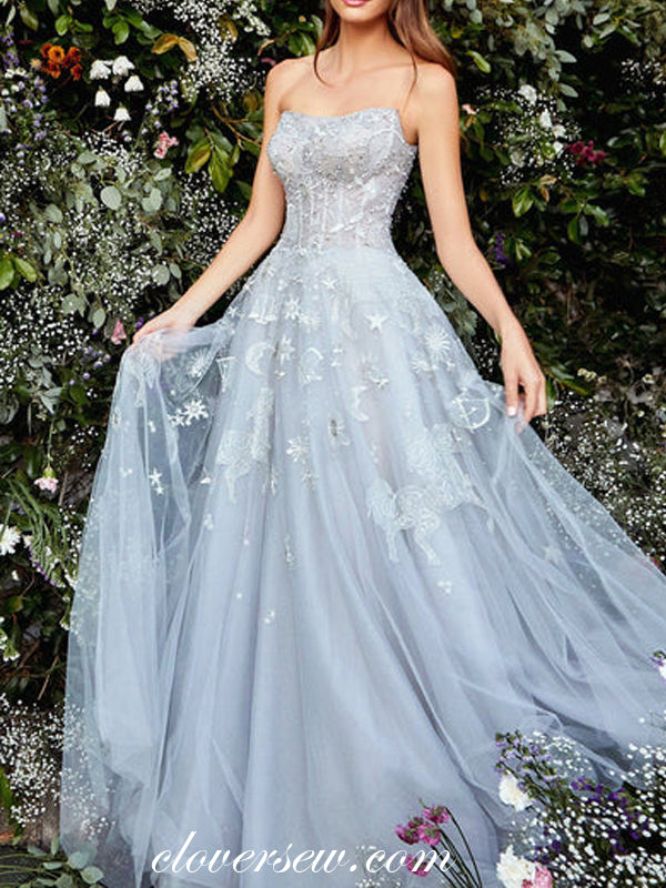 Stunning Embroidery Tulle Strapless A-line Charming Porm Dresses, CP0872