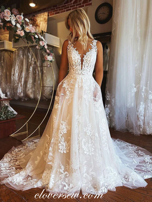 Stunning Lace Applique Sleeveless Backless Country Wedding Dresses, CW0341