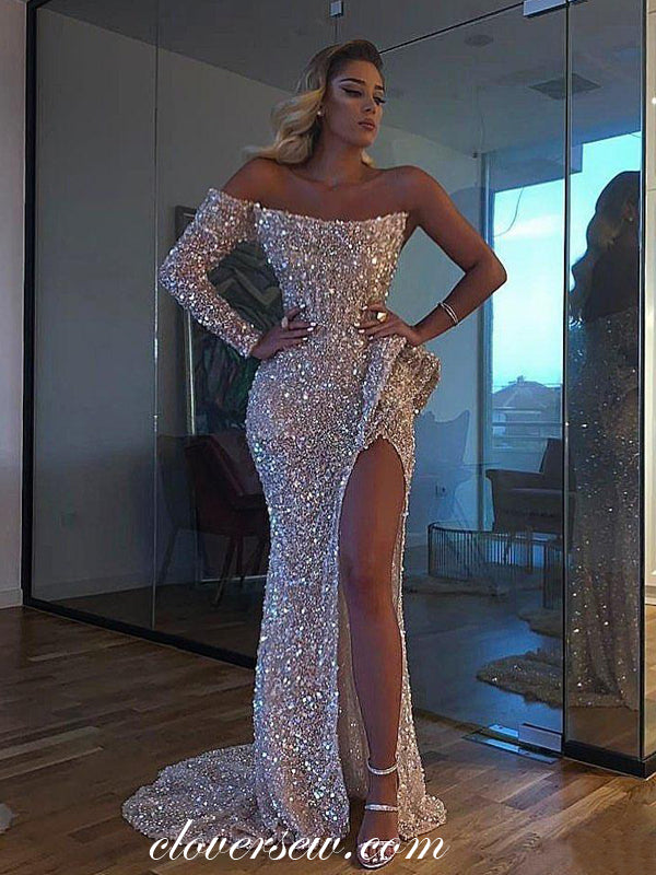 Stunning Shiny Sequin One Sleeve Sexy High Slit Formal Dresses, CP0668