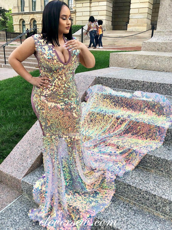 Stunning Sparkly Sequin Mermaid With Train Evening Dresses, CP0657