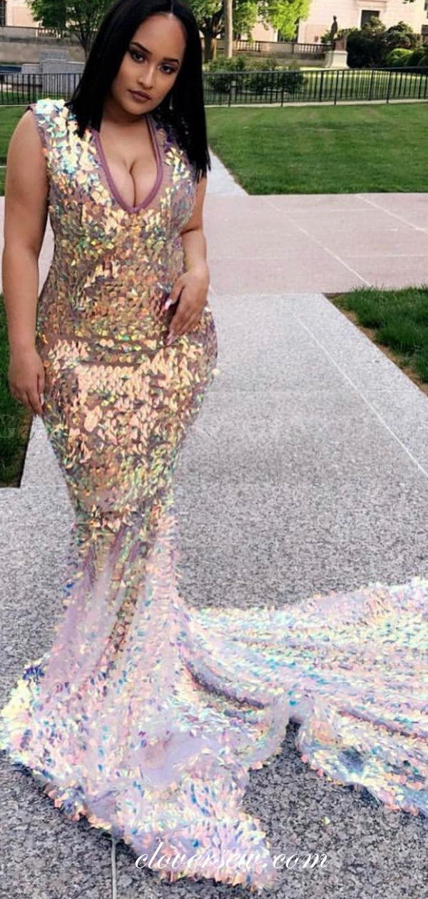 Stunning Sparkly Sequin Mermaid With Train Evening Dresses, CP0657