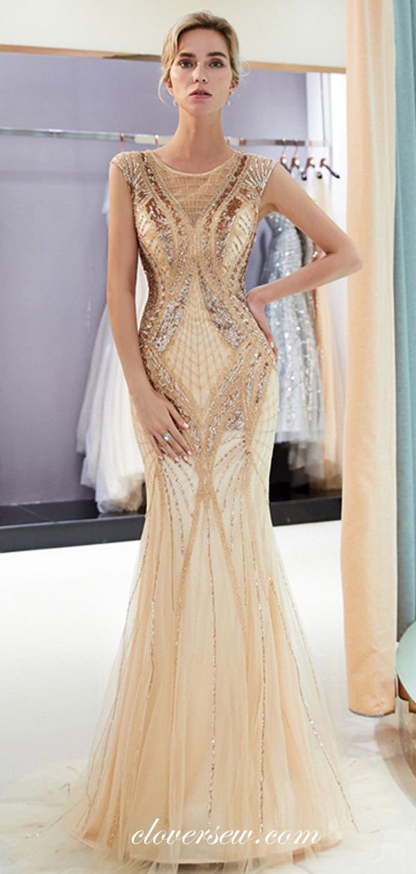 Stunning Bead Cap Sleeves Mermaid Gold Prom Dresses,CP0367