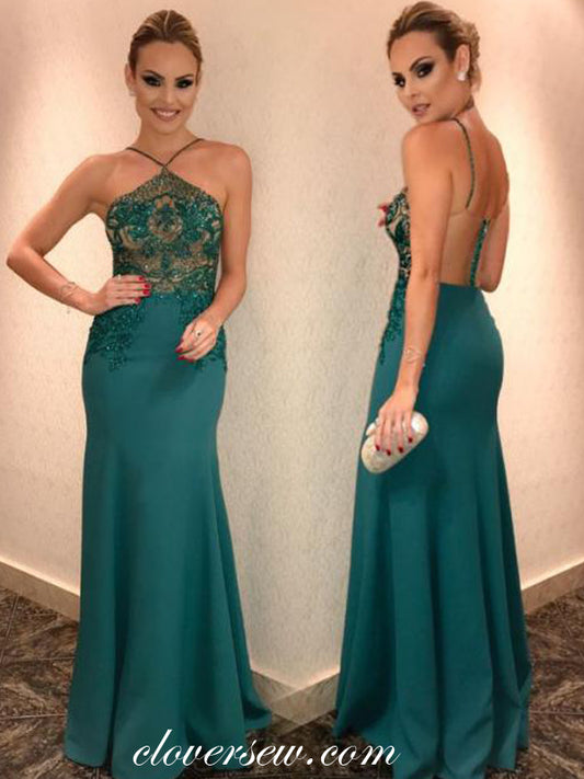 Teal Bead Halter Illusion Back Sheath Formal Dresses, CP0614