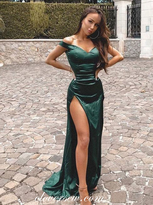 Teal Green Satin Off The Shoulder Column Side Slit Prom Dresses, CP0563