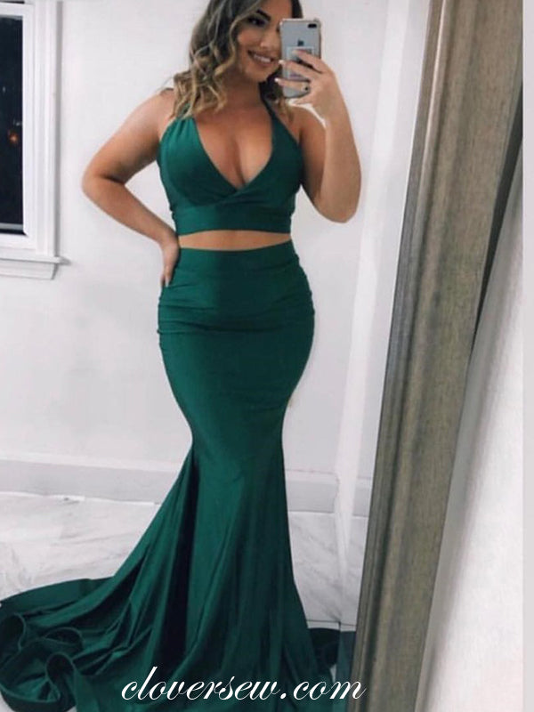 Teal Jersey Two Piece Halter Mermaid Prom Dresses,CP0376