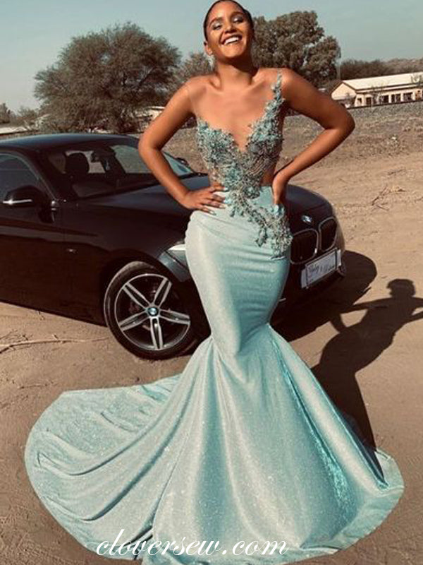 Tiffany Blue 3D Applique Illusion Neckline Mermaid Prom Dresses, CP0537