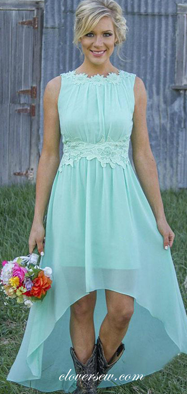 Tiffany Blue Chiffon Applique High Low Bridesmaid Dresses,CB0139