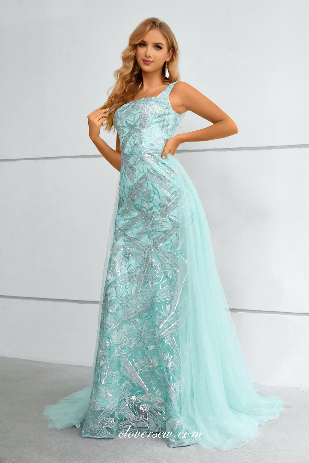 Tiffany Blue Lace Detachable Tulle Train Square Neck Sleeveless Prom Dresses, CP0915