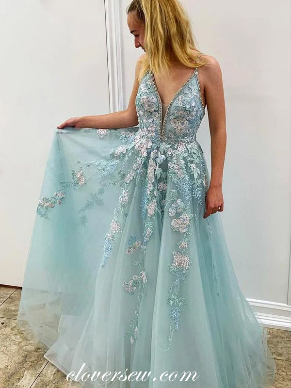 Tiffany Blue Tulle Emboridery Applique Spaghetti Strap A-line Prom Dresses, CP0530