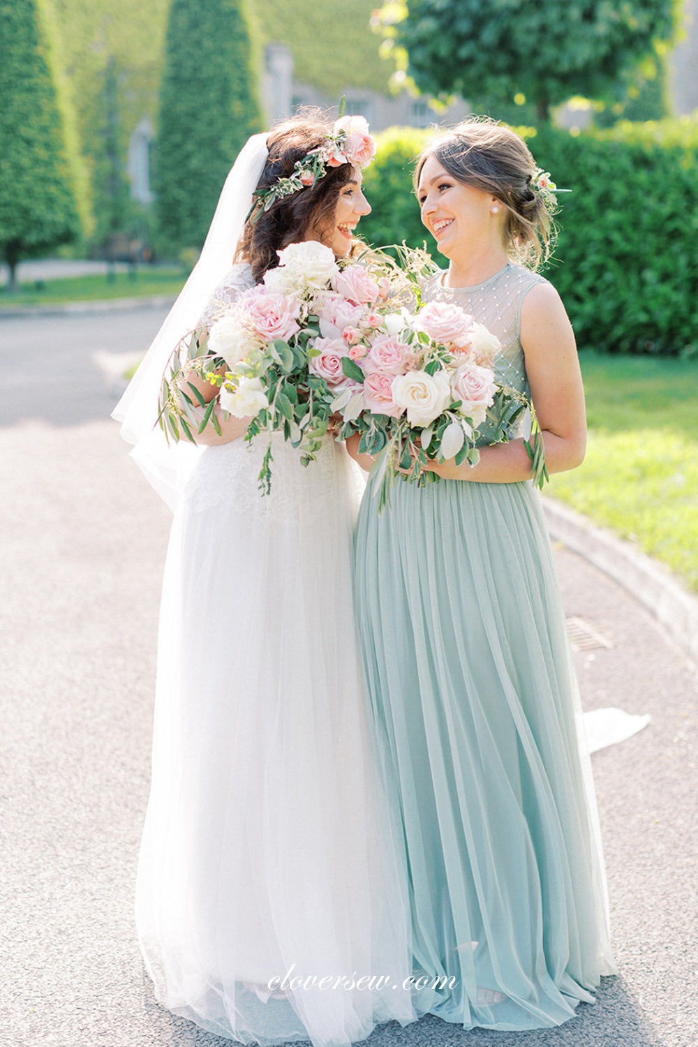 Tiffany Blue Tulle Mismatched A-line Elegant Long Bridesmaid Dresses, CB0264