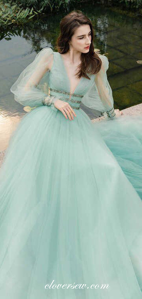 Tiffany Blue Tulle Long Puff Sleeves Bead Belt Prom Dresses , CP0479