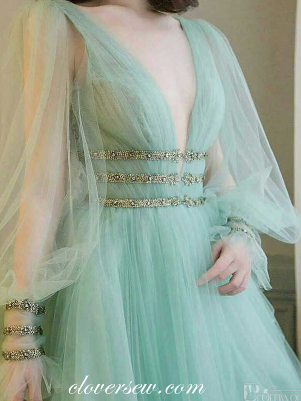 Tiffany Blue Tulle Long Puff Sleeves Bead Belt Prom Dresses , CP0479