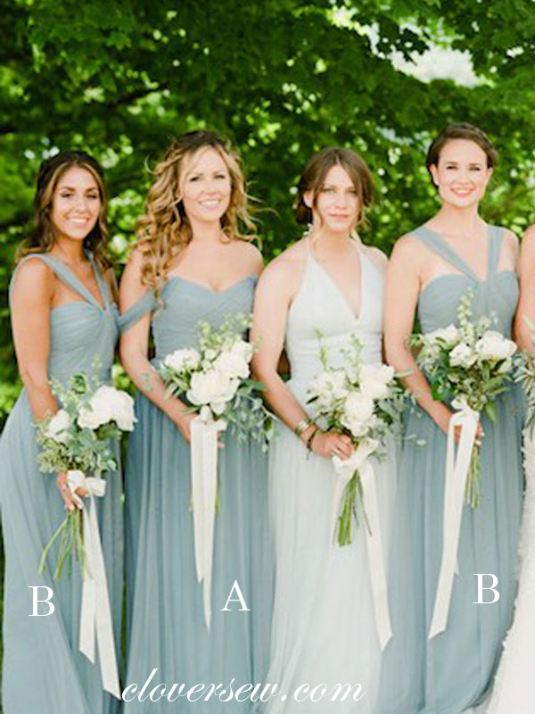 Tiffany Blue Tulle Mismatched A-line Long Bridesmaid Dresses, CB0037