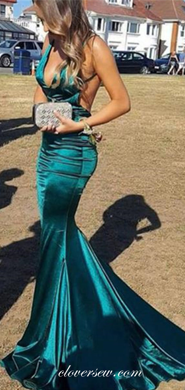 Turquoise Elastic Satin Spaghetti Strap Backless Prom Dresses,CP0239