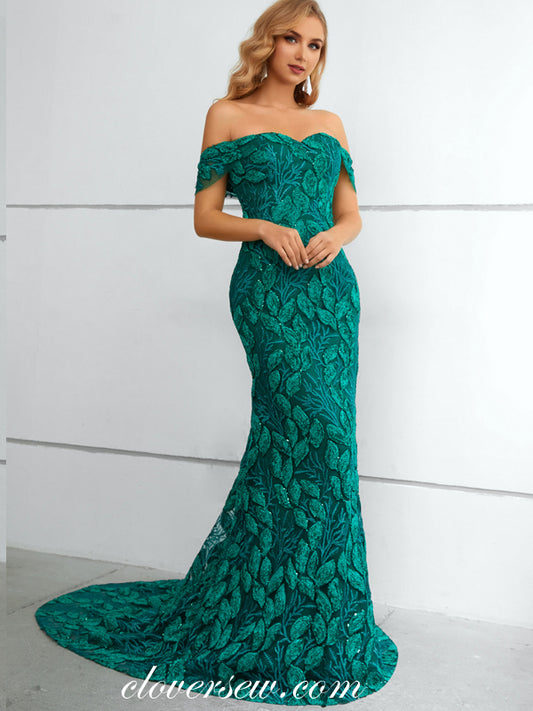 Turquose Embroidery Lace Off The Shoulder Mermaid Elegant Prom Dresses, CP0916