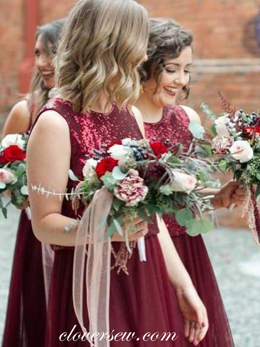 Two Piece Burgundy Sequin Tulle A-line Long Bridesmaid Dresses , CB0149