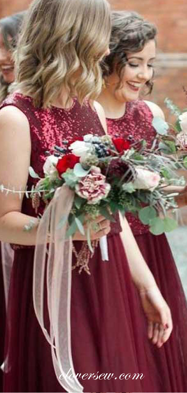 Two Piece Burgundy Sequin Tulle A-line Long Bridesmaid Dresses , CB0149