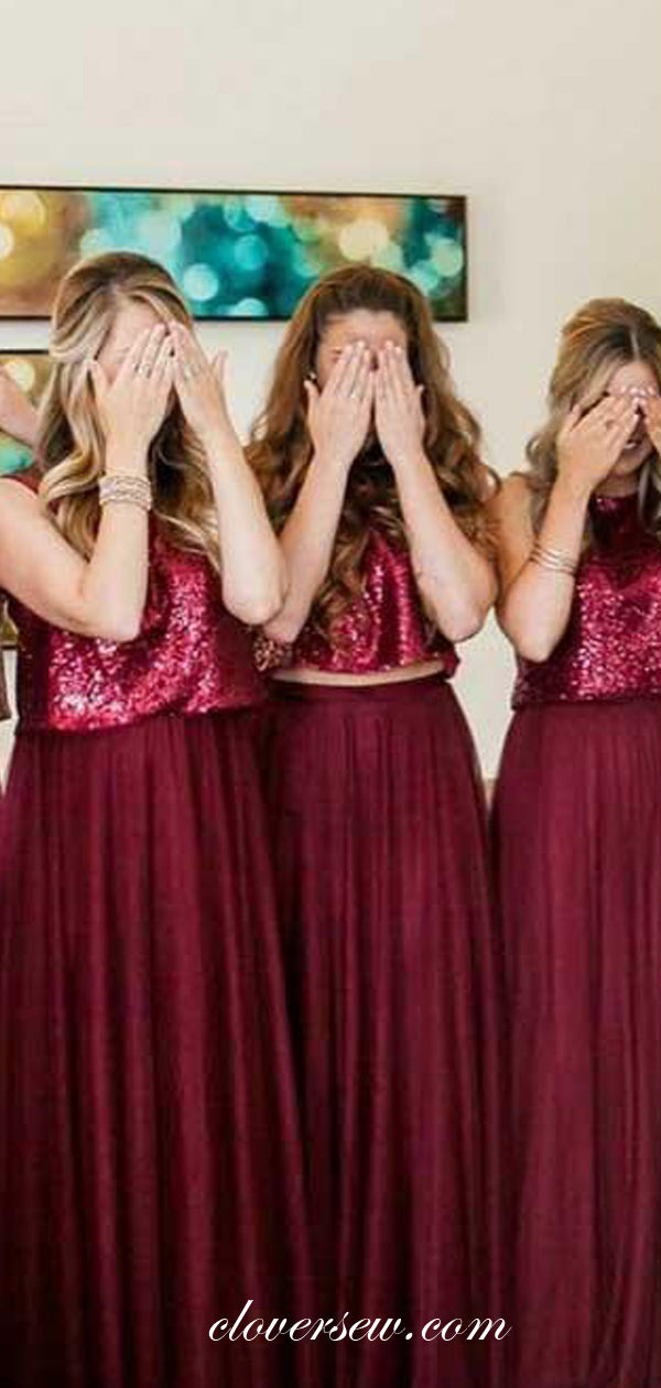 Two Piece Burgundy Sequin Tulle A-line Long Bridesmaid Dresses , CB0149
