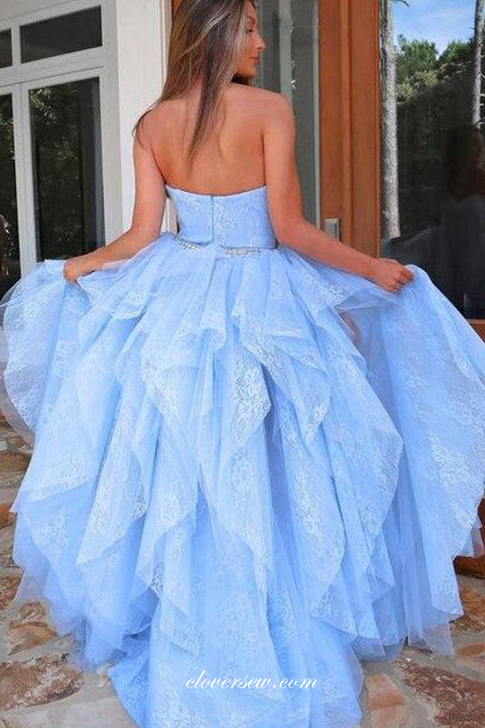 Two Piece Detachable Ruffles Skirt High Low Strapless Prom Dresses, CP0865