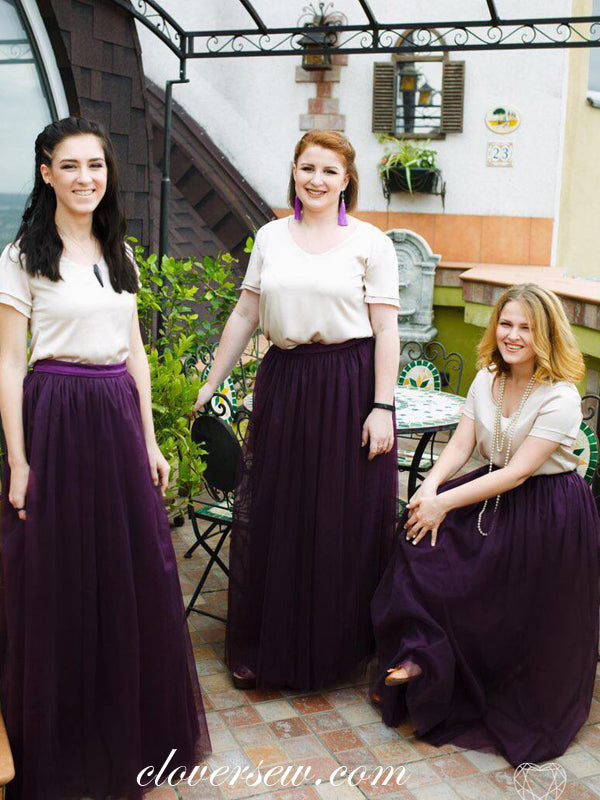 Two Piece Grape Tulle Short Sleeves A-line Fashion Bridesmaid Dresses, CB0206