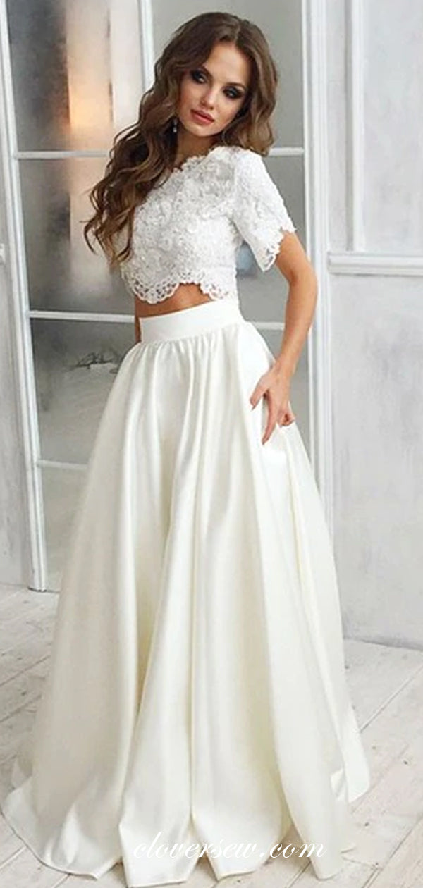 Two Piece Lace Short Sleeves Ivory Satin A-line Wedding Dresses,CW0133