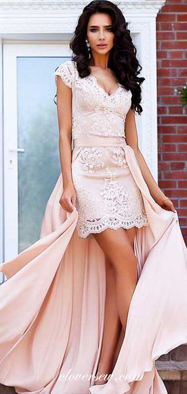 Two Piece Pink Lace Detachable Sheath Prom Dresses, CP0514