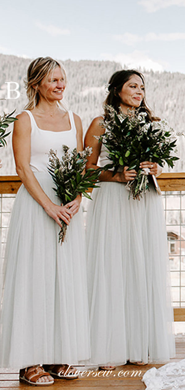 Two Piece White Top Grey Tulle Mismatched Bridesmaid Dresses, CB0203