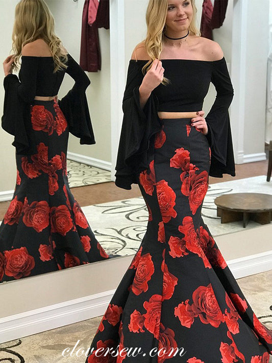 Two Piece Black Red Floral Satin Long Sleeves Mermaid Prom Dresses, CP0048