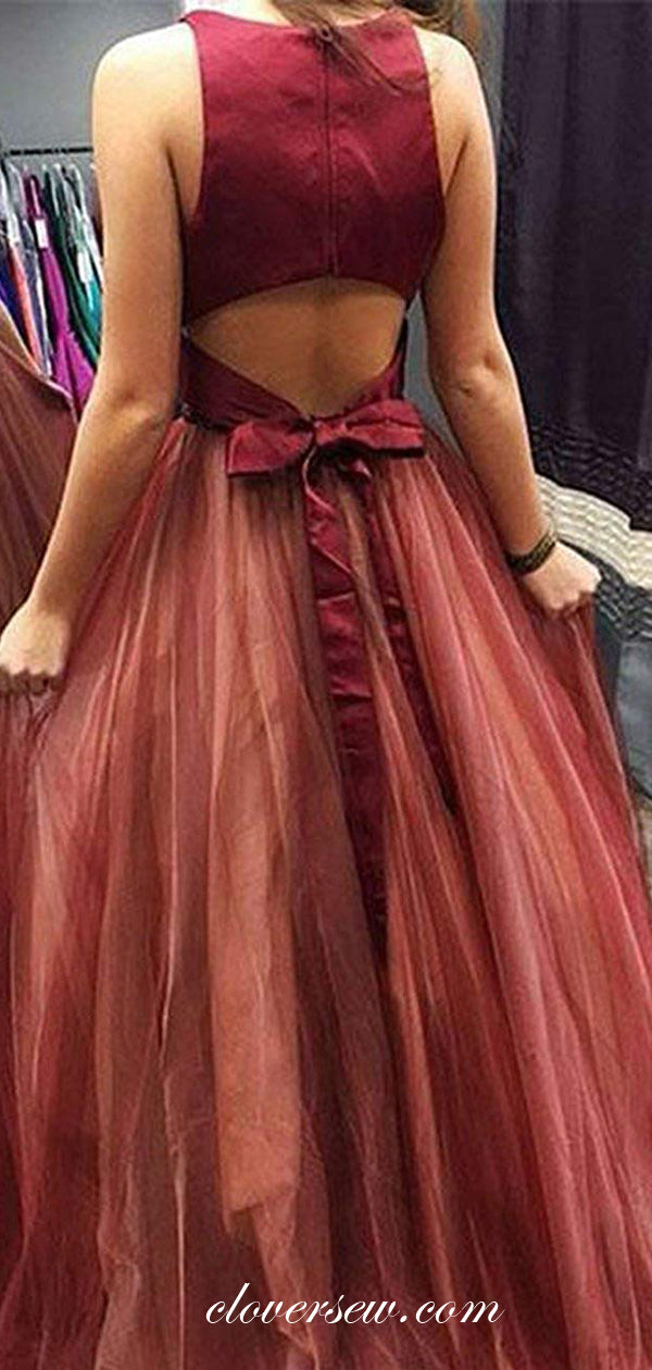 Two Piece Burgundy Satin Tulle A-line Prom Dresses, CP0114
