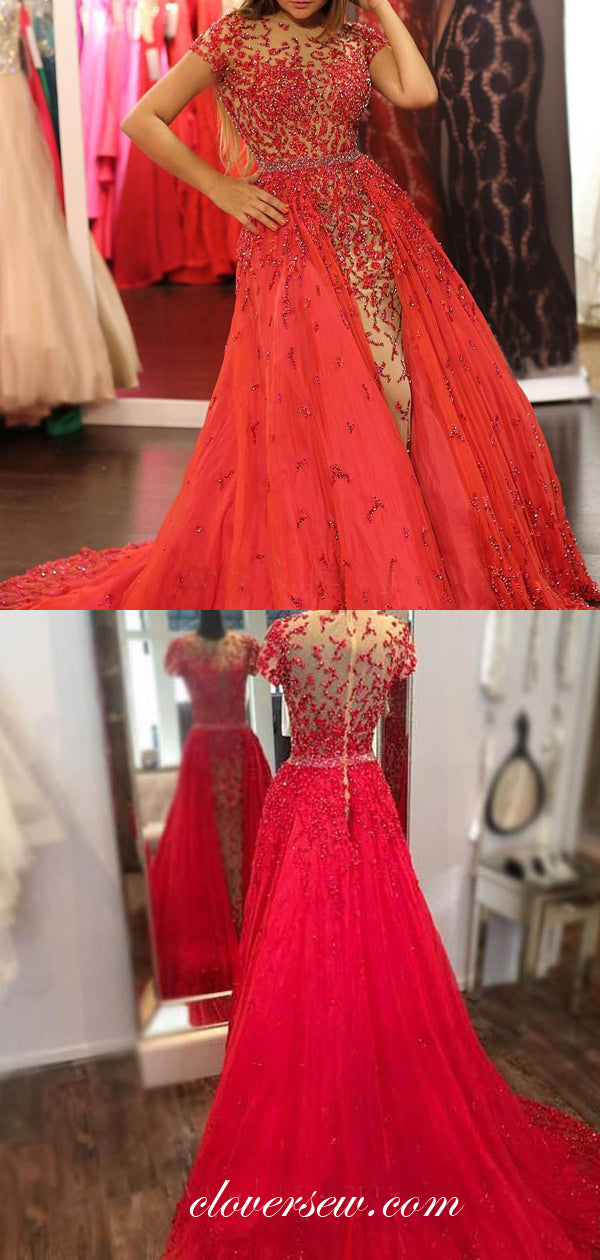 Two Piece Detachable Red Bead Short Sleeves Prom Dresses, CP0046