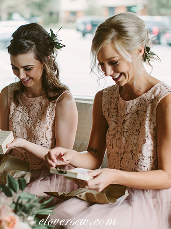 Two Piece Pink Lace Tulle A-line Bridesmaid Dresses, CB0085