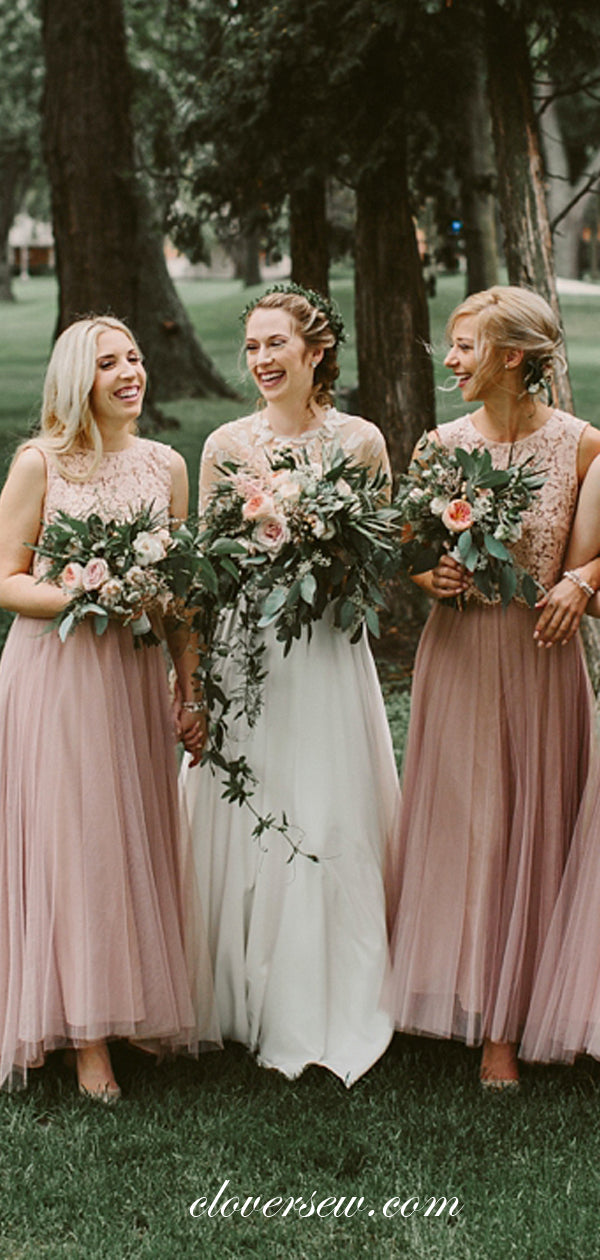 Two Piece Pink Lace Tulle A-line Bridesmaid Dresses, CB0085