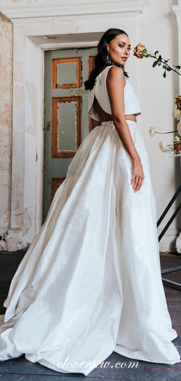 Two Piece White Satin A-line Side Slit Fashion Wedding Dresses , CW0029