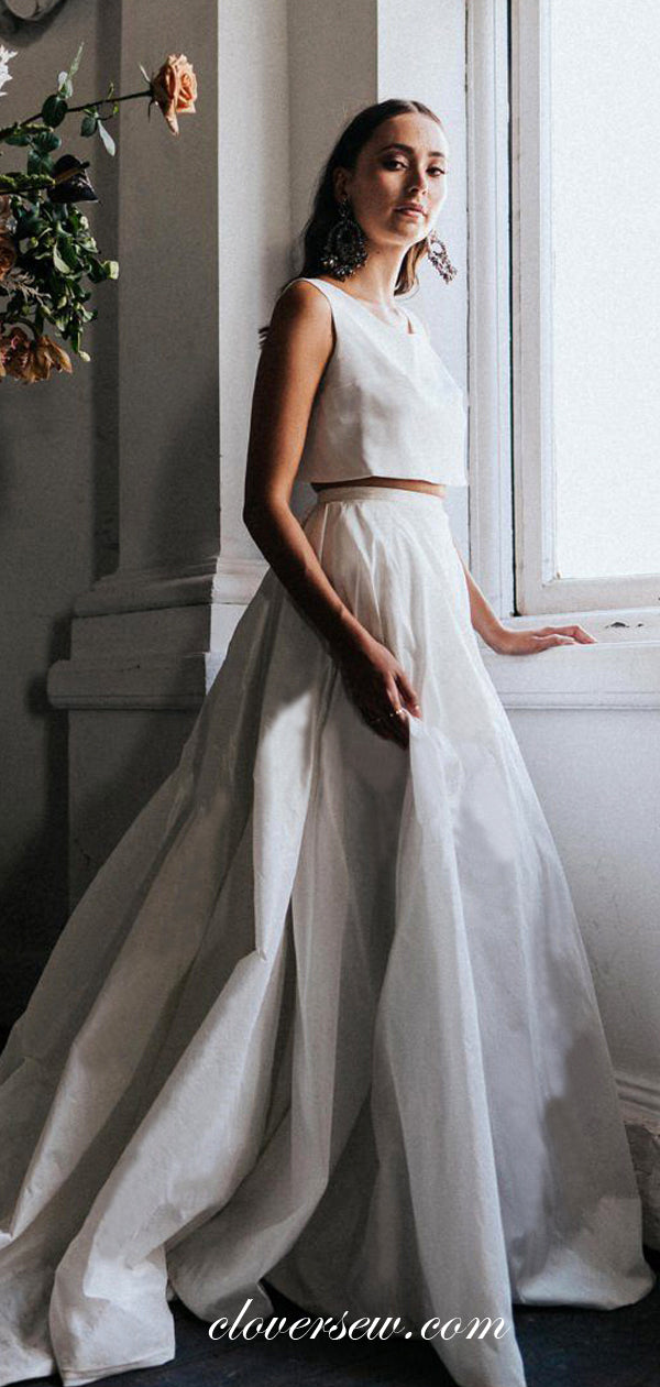Two Piece White Satin A-line Side Slit Fashion Wedding Dresses , CW0029
