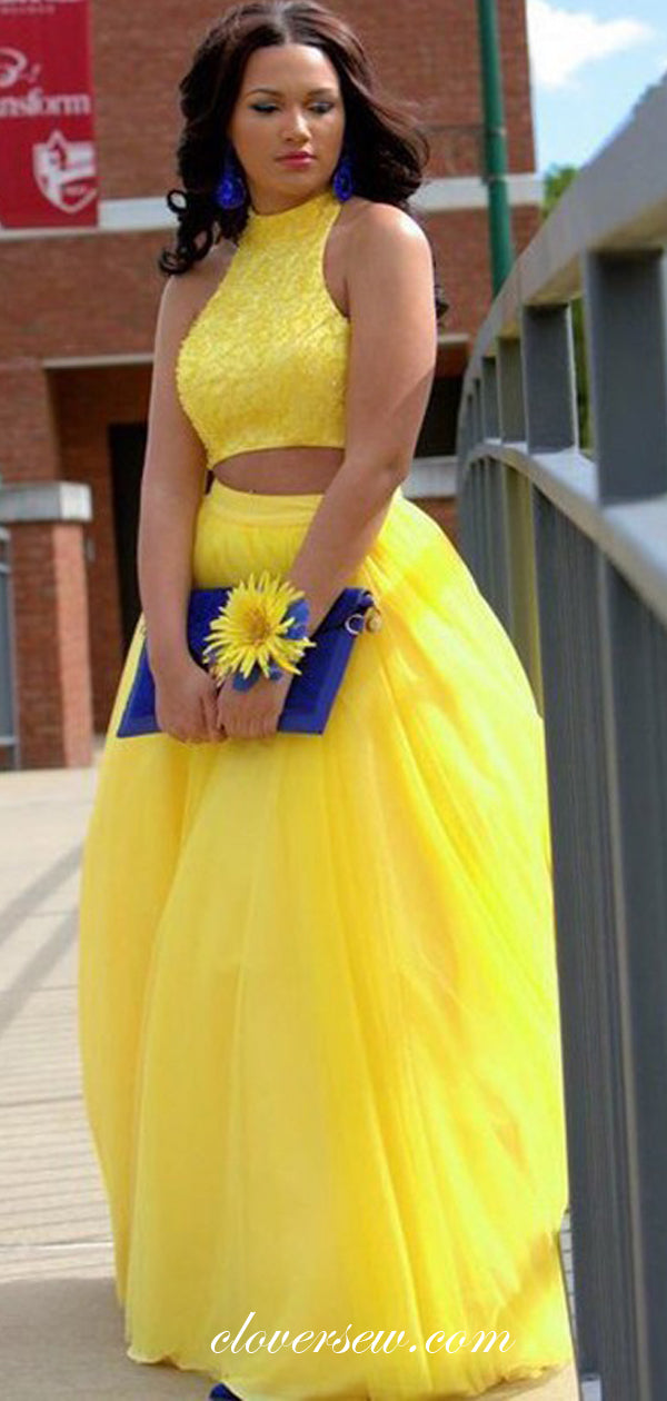 Two Piece Yellow Tulle Sleeveless A-line Prom Dresses, CP0072