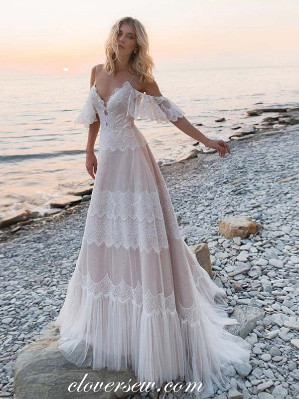 Unique Boho Lace Light Pink Off The Shoulder A-line Beach Wedding Dresses, CW0348