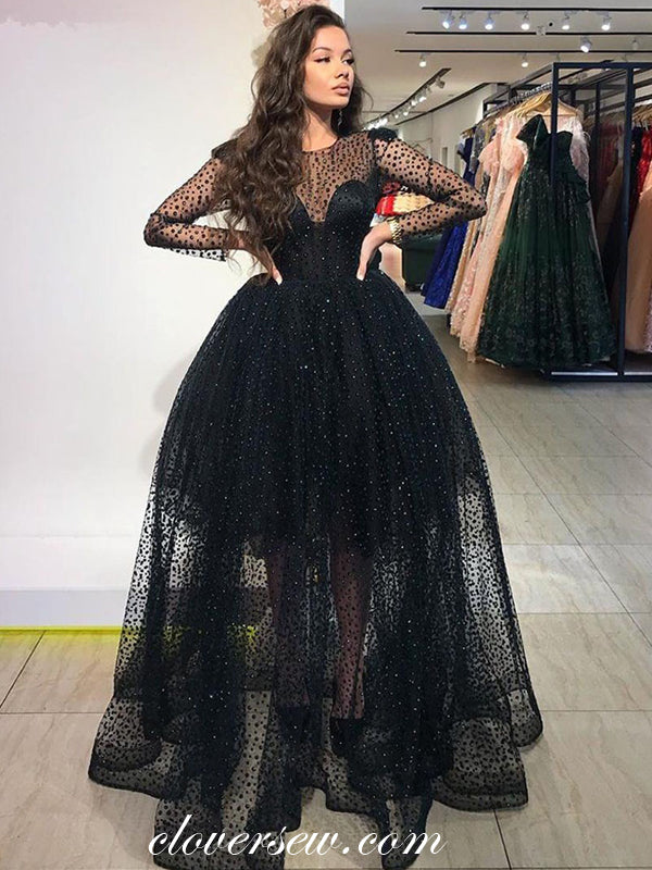 Unique Rhinestoned Tulle Black Long Sleeves Ball Gown Prom Dresses,CP0581