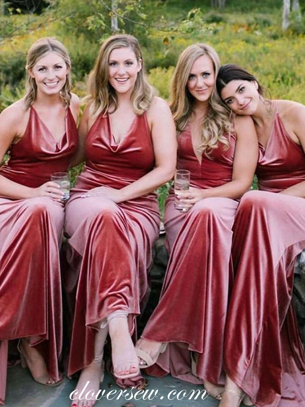 V-neck Elegant Rosy Velvet Halter Sheath Long Bridesmaid Dresses, CB0219